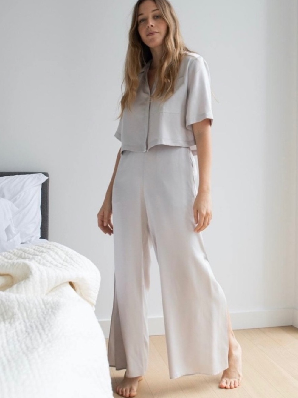 Lunya Washable Silk High Rise Pant Cloud Grey Wide Leg Pants Size L